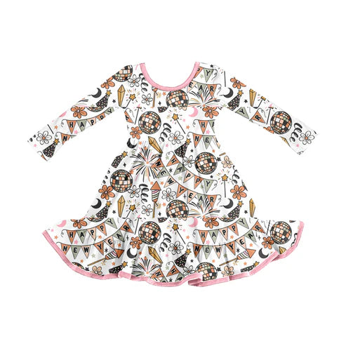 8.29 GLD1282 Baby Girls Happy New Year Ruffle Knee Length Dresses Preorder