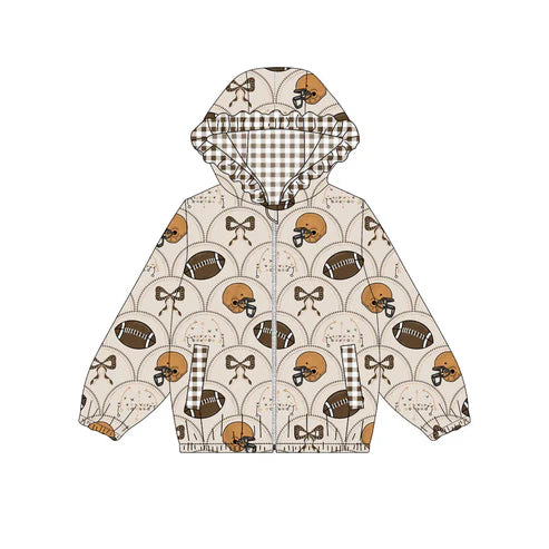 10.10Custom Moq 5 Baby Girls Footballs Bows Pockets Zipper Team Ruffle Hoodies Top