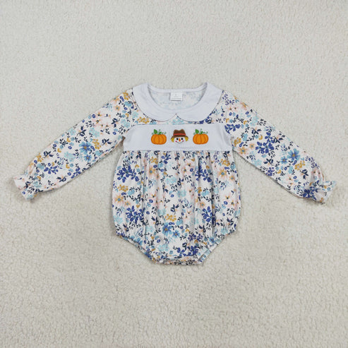 9.17 LR2246 Embroidery LR2246 Baby Girls Long Ruffle Sleeves Pumpkins Floral Romper