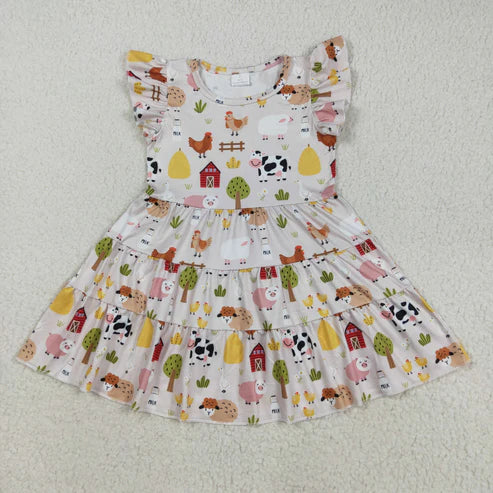 8.12 GSD2595 Baby Girls Flutter Sleeves Cows Chicks Farm Knee Length Dress