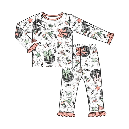 8.16 GLP2711 Baby Girls Happy New Year Top Ruffle Pant Pajamas Set Preorder