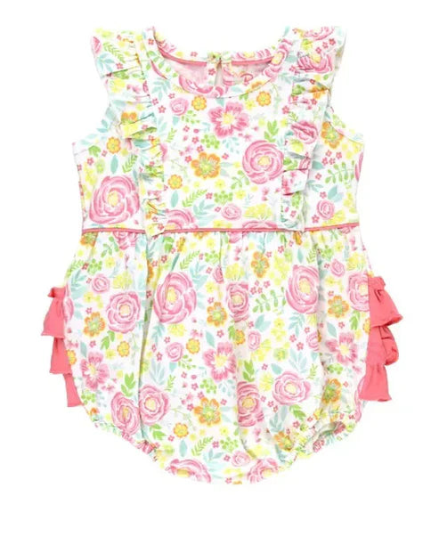 4.18  SR3060 Baby Girls Sleeveless Yellow Pink Floral Bubble Ruffle Rompers Preorder