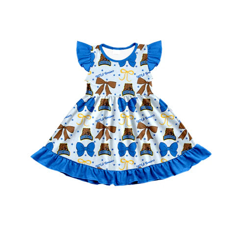 7.3 Custom Moq 3 Baby Girls Flutter Sleeves UCLA Bows Team Knee Length Dresses