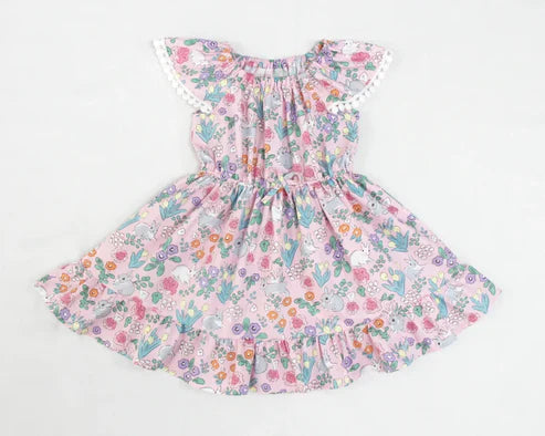 9.29 GSD2833 Baby Girls Pink Flowers Rabbits Easter Ruffle Knee Length Dresses Preorder