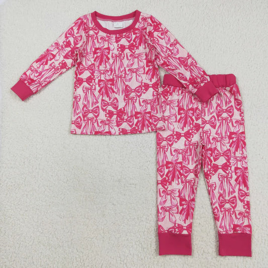 8.21 GLP2539 Baby Girls Long Sleeves Pink Bows Plaid Top Pant Pajamas Set