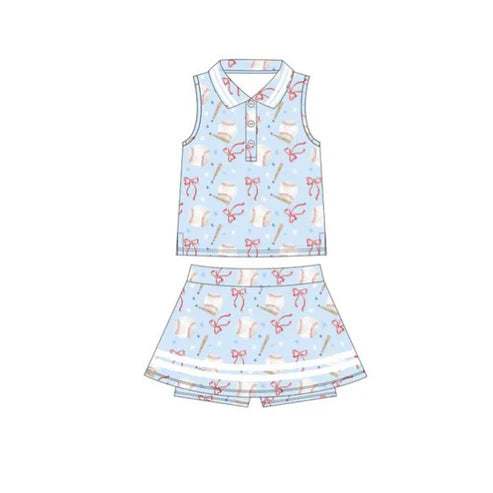 11.3 GSD2976 Baby Girls Bows Baseballs Plaid Button Top Skirt Shorts Yoga Clothes Set Preorder