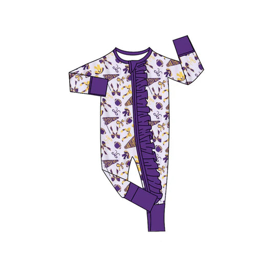 8.2 LR2513 Baby Girls Purple Bows Footballs Plaid Ruffle Zipper Team Rompers Preorder