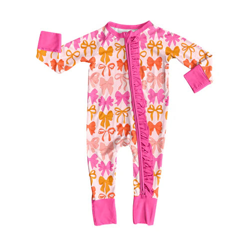 8.14 LR2567 Baby Girls Pink Bows Plaid Ruffle Zipper Footie Rompers Preorder