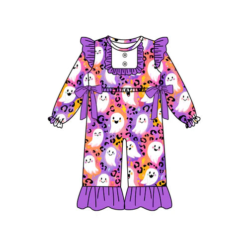 8.4 LR2553 Baby Girls Purple Leopard Ghost Bows Ruffle Pants Halloween Rompers Preorder
