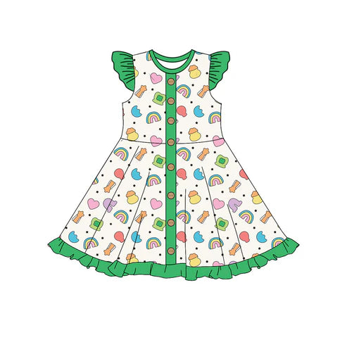 10.21 GSD2864 Baby Girls Clovers Rainbows St Patrick Button Ruffle Knee Length Dresses Preorder