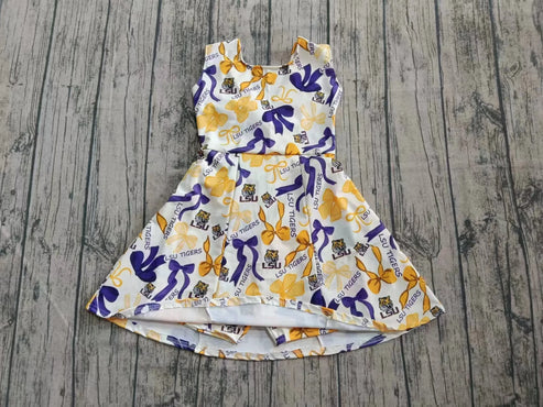 7.31 Custom Moq 5 Baby Girls Purple Yellow Bows LSU Tiger Shorts Team Knee Length Dresses