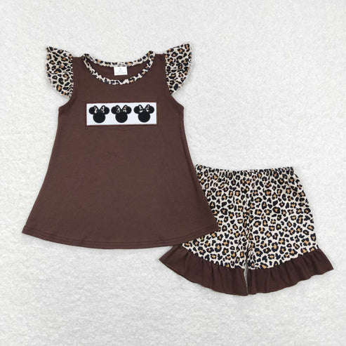 6.17 GSSO0424 Embroidered Bow Brown Flying Sleeve Leopard Print Short Sleeve Shorts Suit