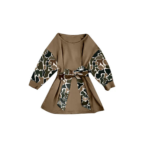 9.19 GLD1304 Baby Girls Brown Camo Long Sleeve Belt Western Knee Length Dresses Preorder