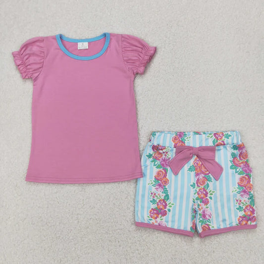 4.7 GSSO2389 Baby Girls Lavender Short Ruffle Sleeves Tunic Floral Pockets Shorts Set