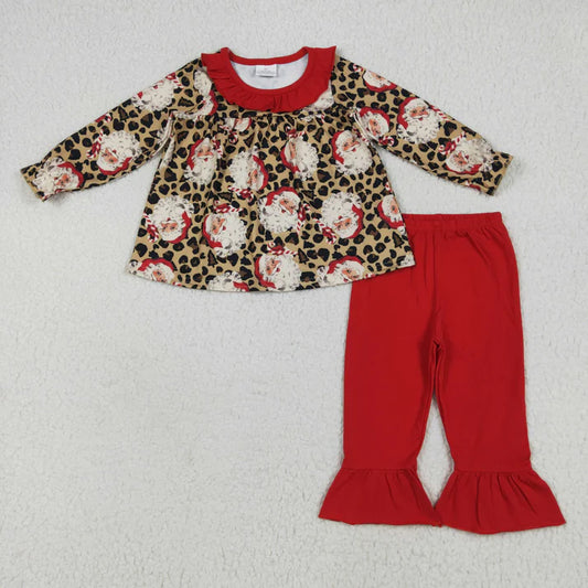 8.16 GLP2369 Baby Girls Long Sleeves Leopard Santa Tunic Ruffle Pants Set