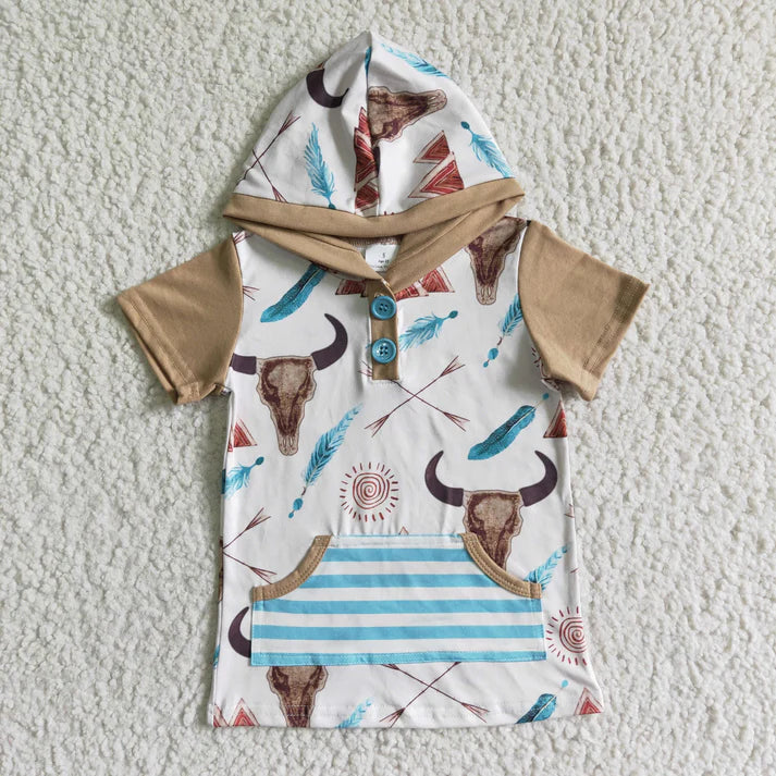 BT0003 Boys' short-sleeved hooded bull's head button-down feather top