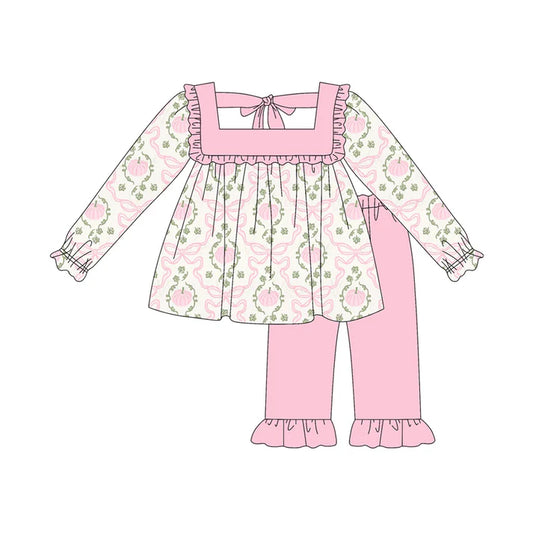 6.12 GLP2397 Baby Girls Long Sleeves Pumpkins Bows Plaid Tunic Pink Ruffle Pant Set Preorder