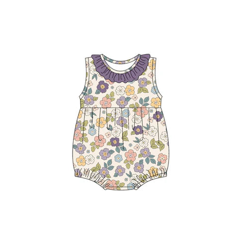 SR2894 Baby Infant Girls Sleeveless Purple Floral Round Collar Rompers Preorder
