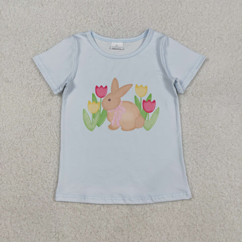 12.3 GT1398 Baby Girls Blue Short Sleeve Flowers Rabbits Easter T-shirts Top