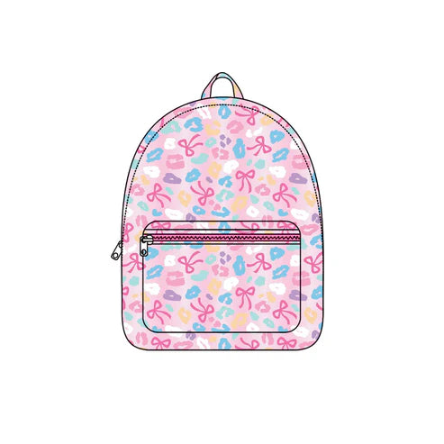6.13   BA0319 Baby Kids Pink Leopard Bows School Zipper Ruffle Back Bags Preorder