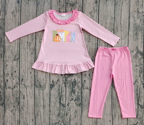 9.2 GLP2772 Embroidery Baby Girls Pink Stripes Pumpkin Tunic Legging Pants Clothes Sets Preorder