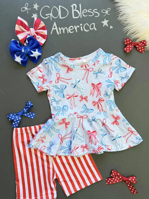 11.5 GSSO2838 Baby Girls Red Blue Bows Tunic Stripe Shorts July 4th Clothes Sets Preorder