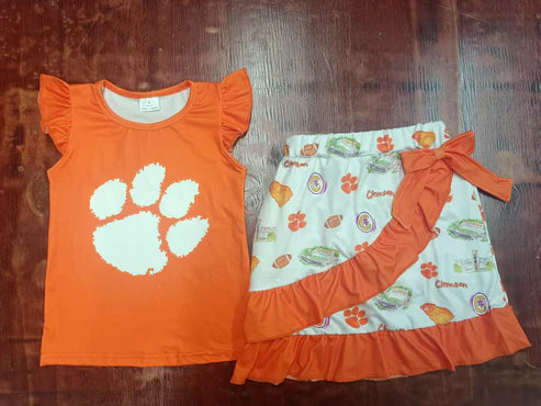 5.17 Custom (MOQ 3) Baby Girls Clemson Team Tee Top Ruffle Skirts Clothes Sets