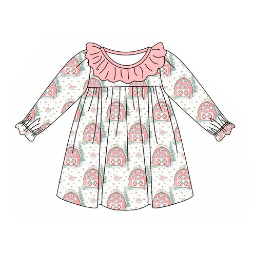 5.27 GLD0899 Baby Girls Christmas House Ruffle Knee Length Dresses Preorder
