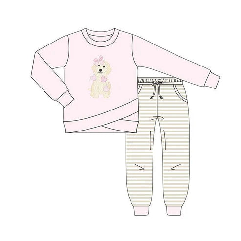 9.19 GLP2850 Baby Girls Hearts Dogs Top Pockets Stripes Pants Valentine Clothes Sets Preorder