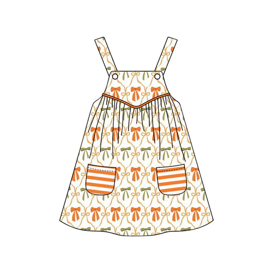 6.12 GSD2676 Baby Girls Straps Orange Bows Plaid Stripe Pockets Knee Length Dresses Preorder