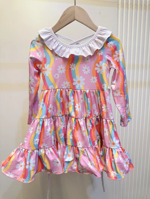 5.10 GLD1033 Baby Girls Pink Long Sleeves Flowers Rainbows Knee Length Dresses With Belt Preorder