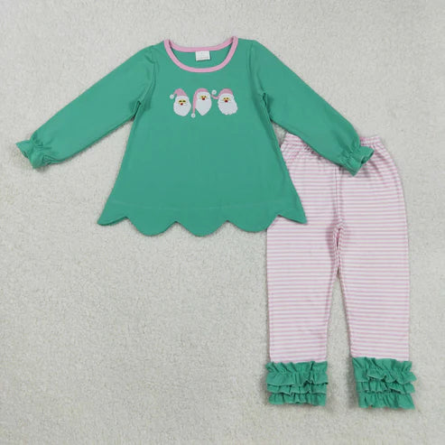 9.10 GLP2575 Embroidery Baby Girls Green Long Ruffle Sleeves Santa Tunic Stripe Legging Pant Set