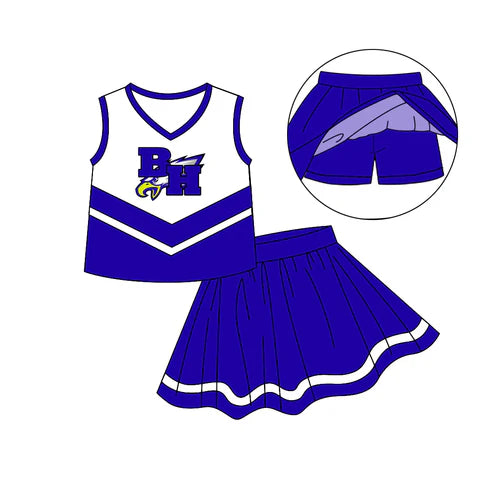 7.4 Custom Moq 3 Baby Girls Blue Eagle Cheer Team Top Skort Shorts Clothes Sets
