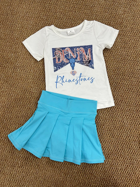 6.9  GT0133+GLK0082 Baby Girls Western Rhinestone Shirt Aqua Pleated Skorts Yoga Active Set