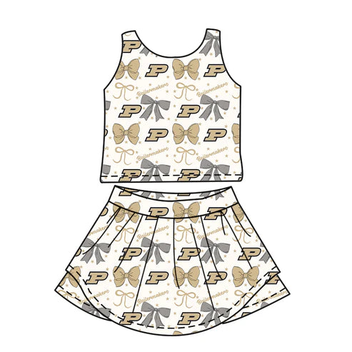 7.2 Custom Moq 3 Baby Girls Sleeveless PU Bows Vest Top Short Skirts Set