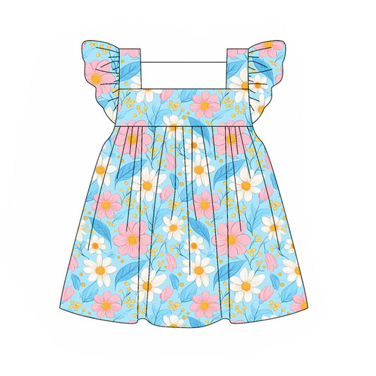 6.12 GSD2609 Baby Girls Blue Flutter Sleeves Daisy Flowers Knee Length Dresses Preorder