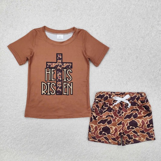 BSSO1162 Baby Boys He Is Risen Cross Camo Shirt Shorts Clothes Set