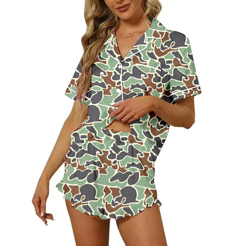 5.16 Preorder Moq 3 Adult Women Green Camouflage Button Pocket Top Short Pajamas
