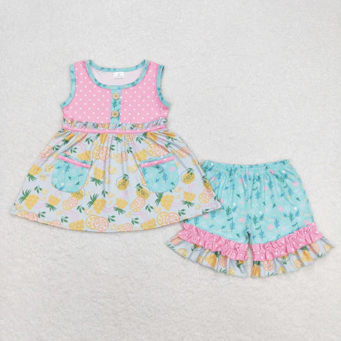 6.16 GSSO0783 Pineapple-lemon-orange lace polka dot button pink sleeveless shorts set