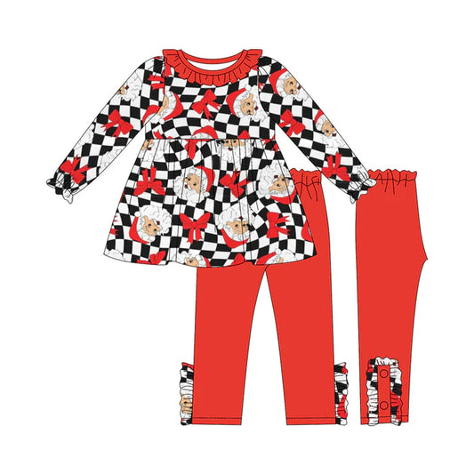 6.16 GLP2368 Baby Girls Long Sleeves Black Plaid Bows Santa Tunic Legging Pants Set Preorder