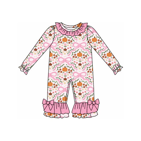 7.26 LR2479 Baby Girls Long Sleeves Bows Floral Pumpkins Plaid Ruffle Pant Rompers