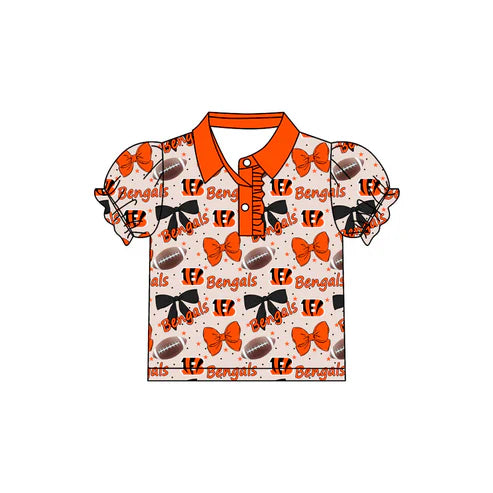 7.31  Custom Moq 5 Baby Girls Bengals Bows Team Short Sleeve Tee Pullovers Polo Shirts Tops