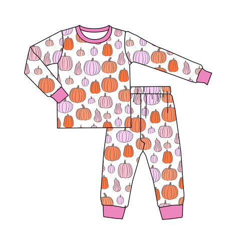 8.14 GLP2702 Baby Girls Colorful Pumpkins Plaid Top Pant Fall Pajamas Set Preorder