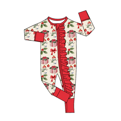 9.2 LR2617 Baby Girls Snowmen Bows Ruffle Christmas Zipper Footie Rompers Preorder