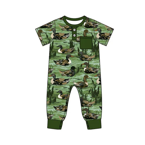 10.1 SR3242 Baby Boys Dark Green Button Pocket Ducks Rompers Preorder