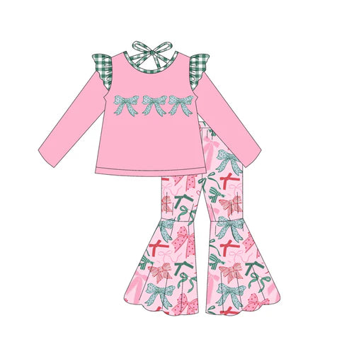 6.27 GLP2531 Baby Girls Pink Long Sleeves Floral Bows Tunic Bell Bottom Pant Set Preorder