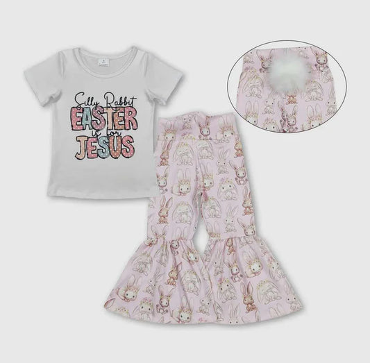 3.14 GT0898+P0387 Baby Girls Easter Jesus Short Sleeve Top Rabbits Bell Pants Clothes Set