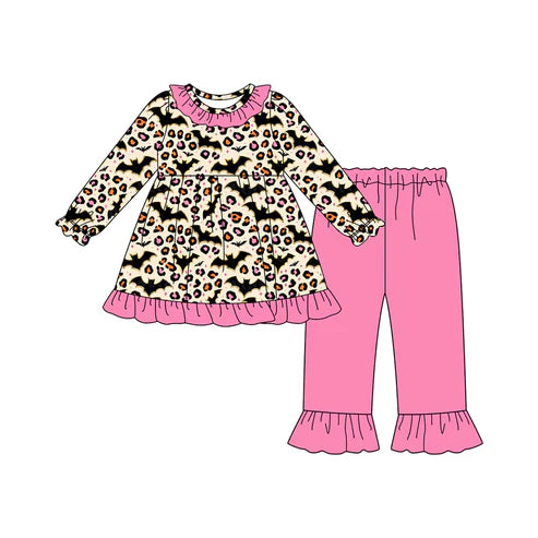 7.26 GLP2621 Baby Girls Long Sleeves Leopard Bats Plaid Tunic Ruffle Pants Set Preorder