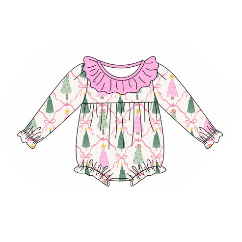 6.6 LR2275 Baby Girls Long Sleeves Pink Bows Trees Plaid Ruffle Rompers Preorder