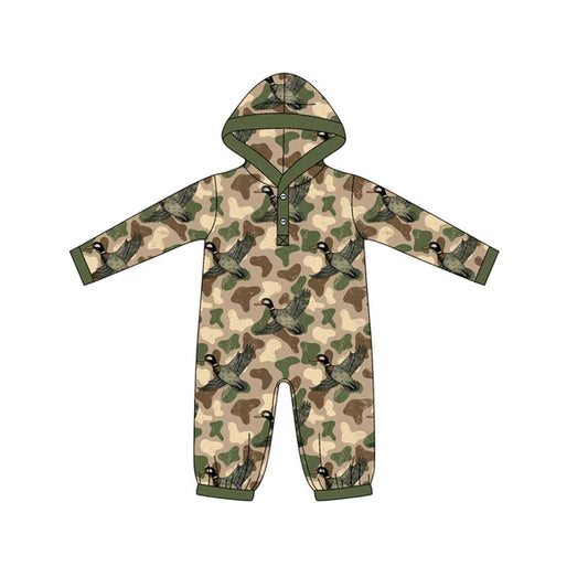 8.28 LR2608 Baby Boys Green Camo Ducks Western Button Hoodies Footie Rompers Preorder